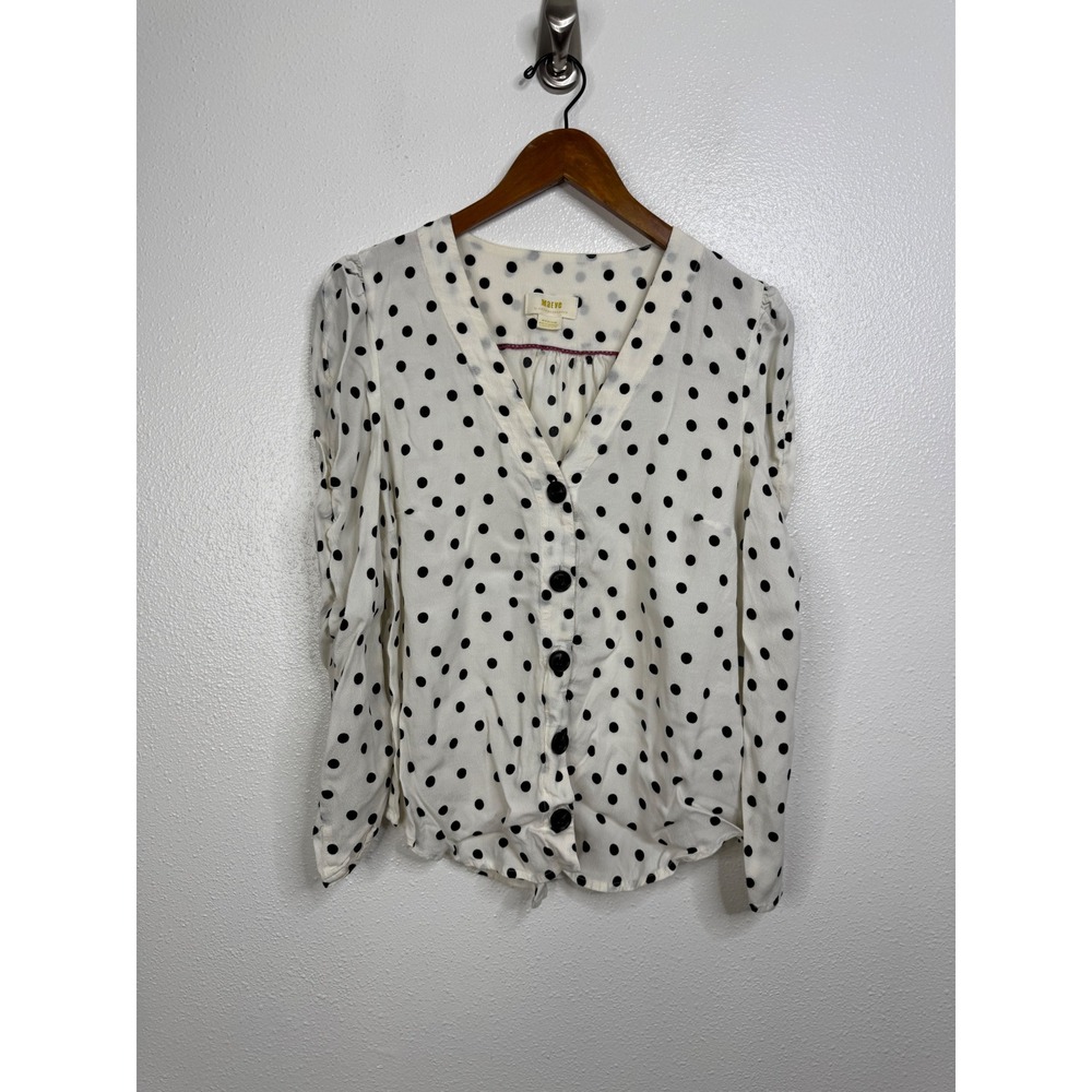 Maeve Anthropologie Womens Polka Dot V-Neck Button Front Blouse Cream Black M